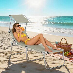 Outdoor Pool Chaise Lounge Chair, Folding Tanning Chair with Sun Shade